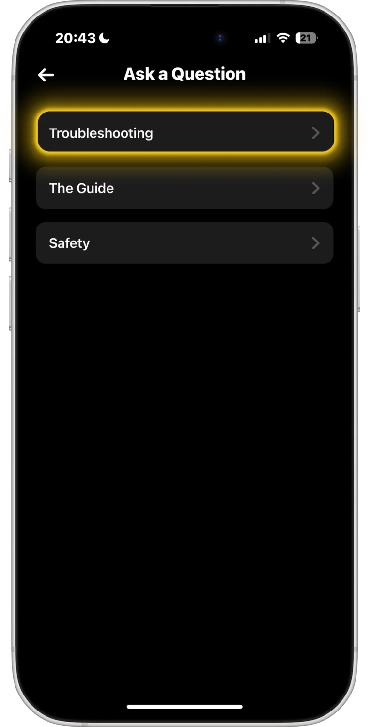 BeReal Ask a Question screen — tap Troubleshooting